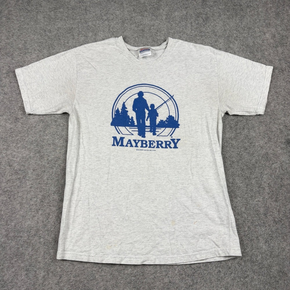 Hanes Mayberry T-Shirt‎ Mens Medium Gray Andy Griffith Show Fishing Graphic Tee
